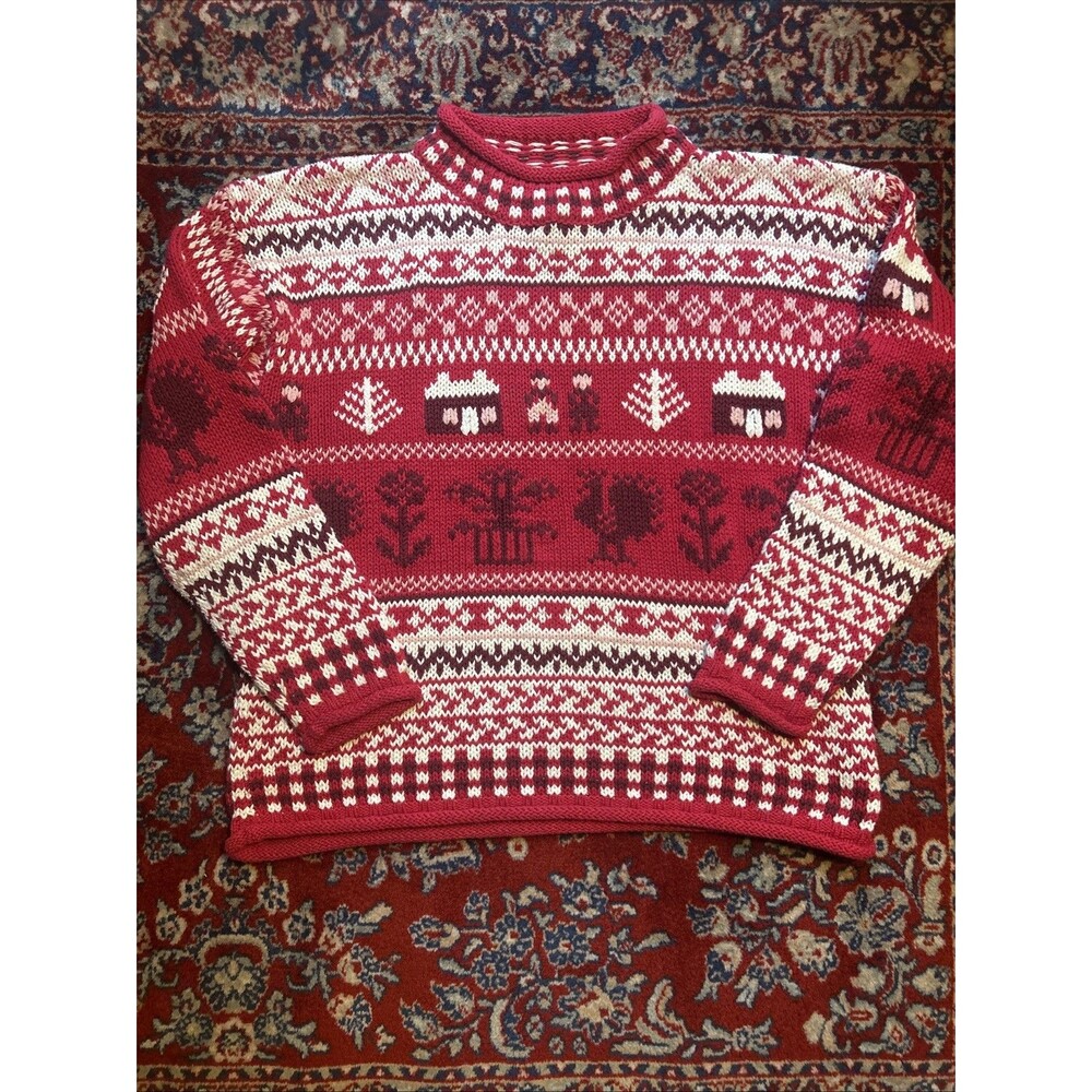 VTG Eddie Bauer Sweater Medium Red Fair Isle Roll Neck Knit 100% Cotton 90s